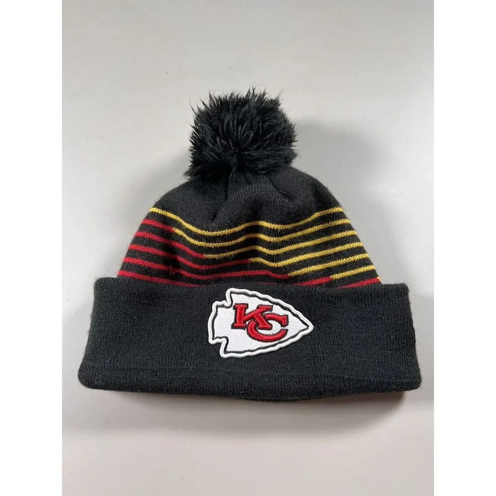 New Era Kansas City Chiefs Beanie Hat‎ Black Red Gold Striped Pom Cuffed Knit